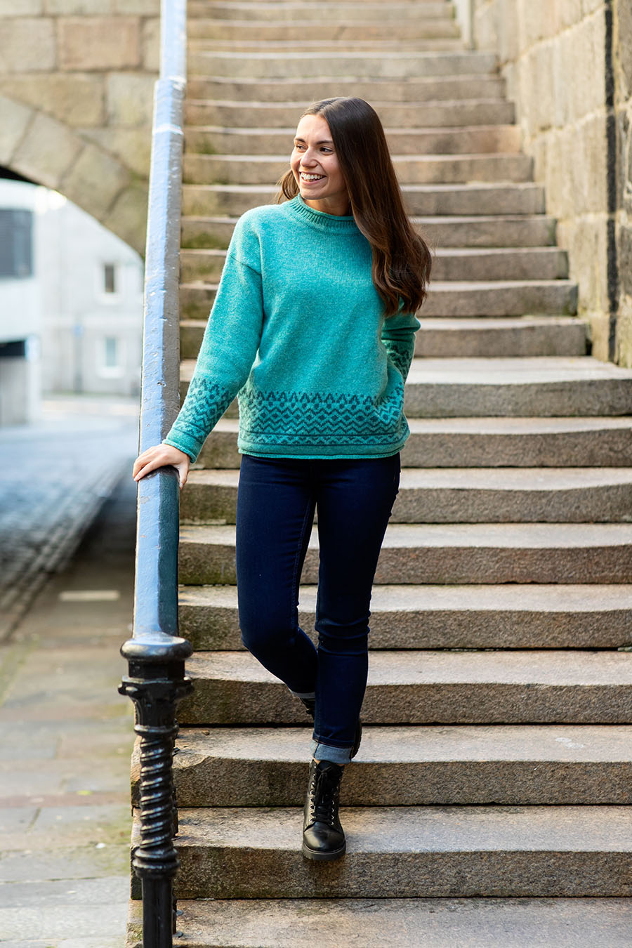 womens aqua fair isle jumper sweater relaxed green braemar ls