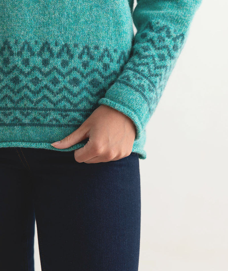 womens fair isle jumper sweater aqua wool braemar close up