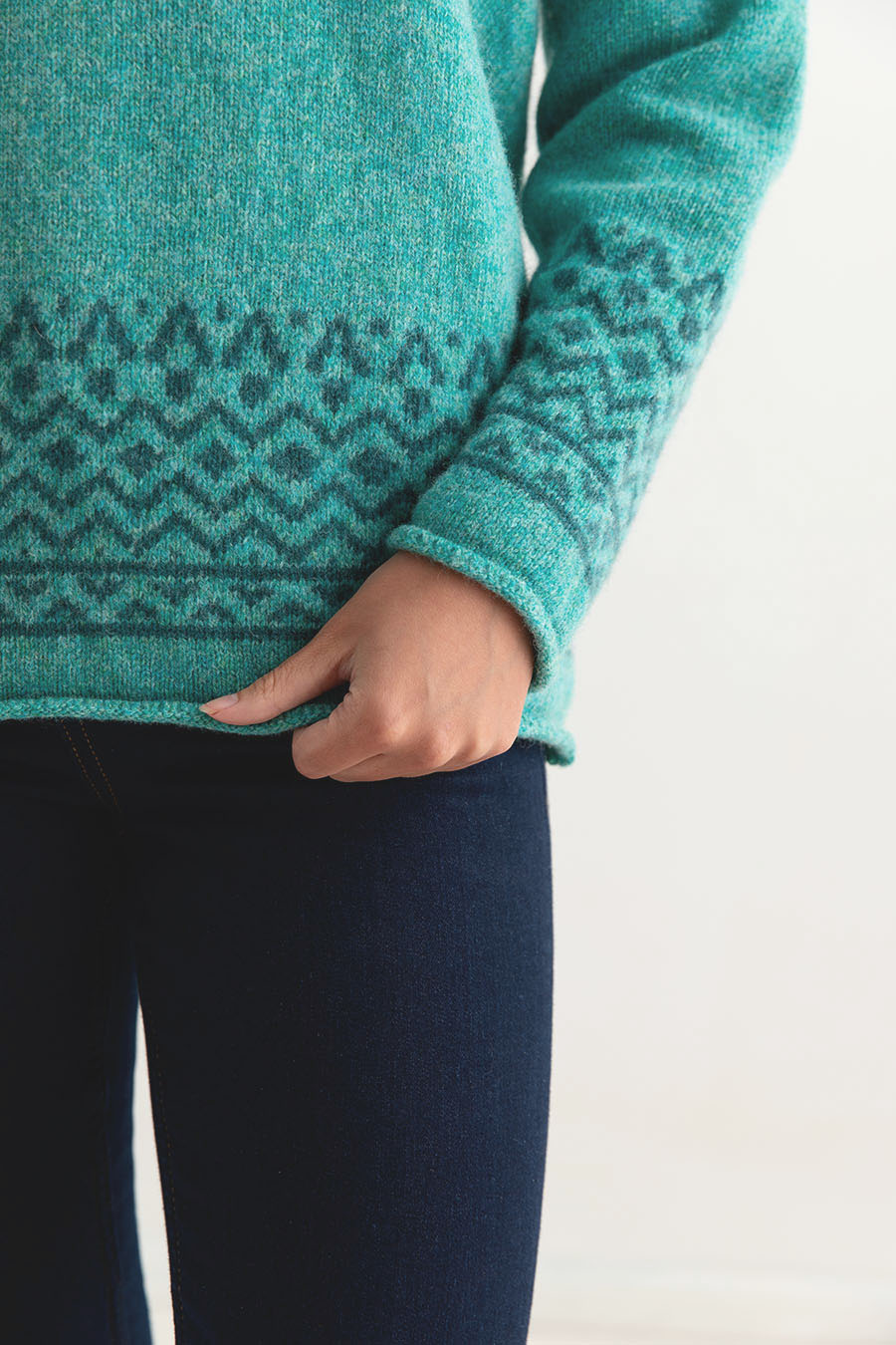 womens fair isle jumper sweater aqua wool braemar close up