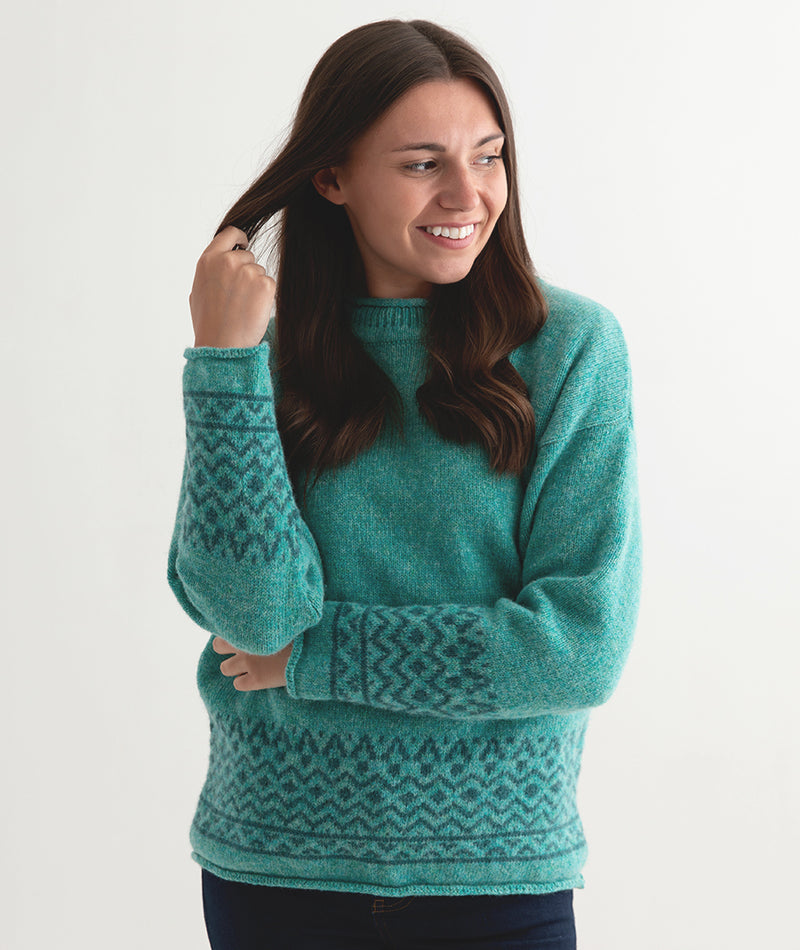 womens fair isle jumper sweater aqua wool braemar fairisle front