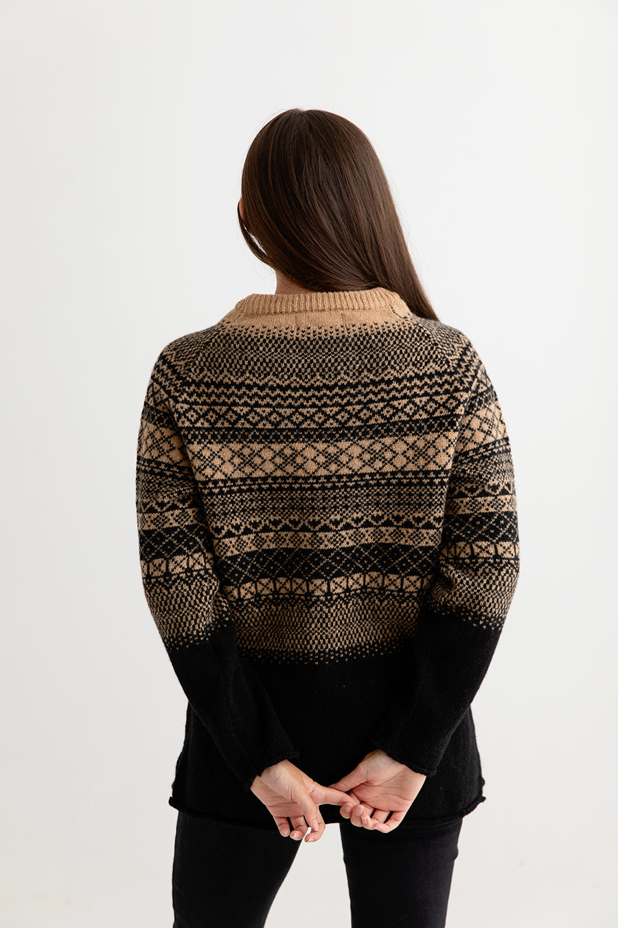 womens fair isle jumper sweater tunic wool black camel back