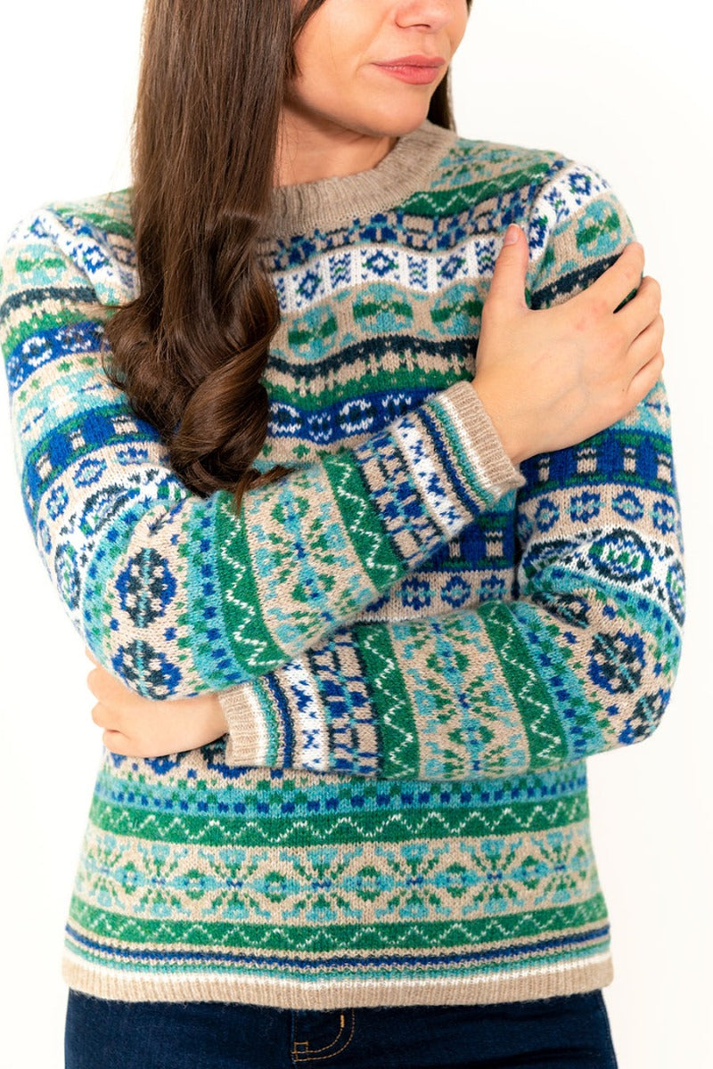 womens fair isle sweater blue green wool drumtochty