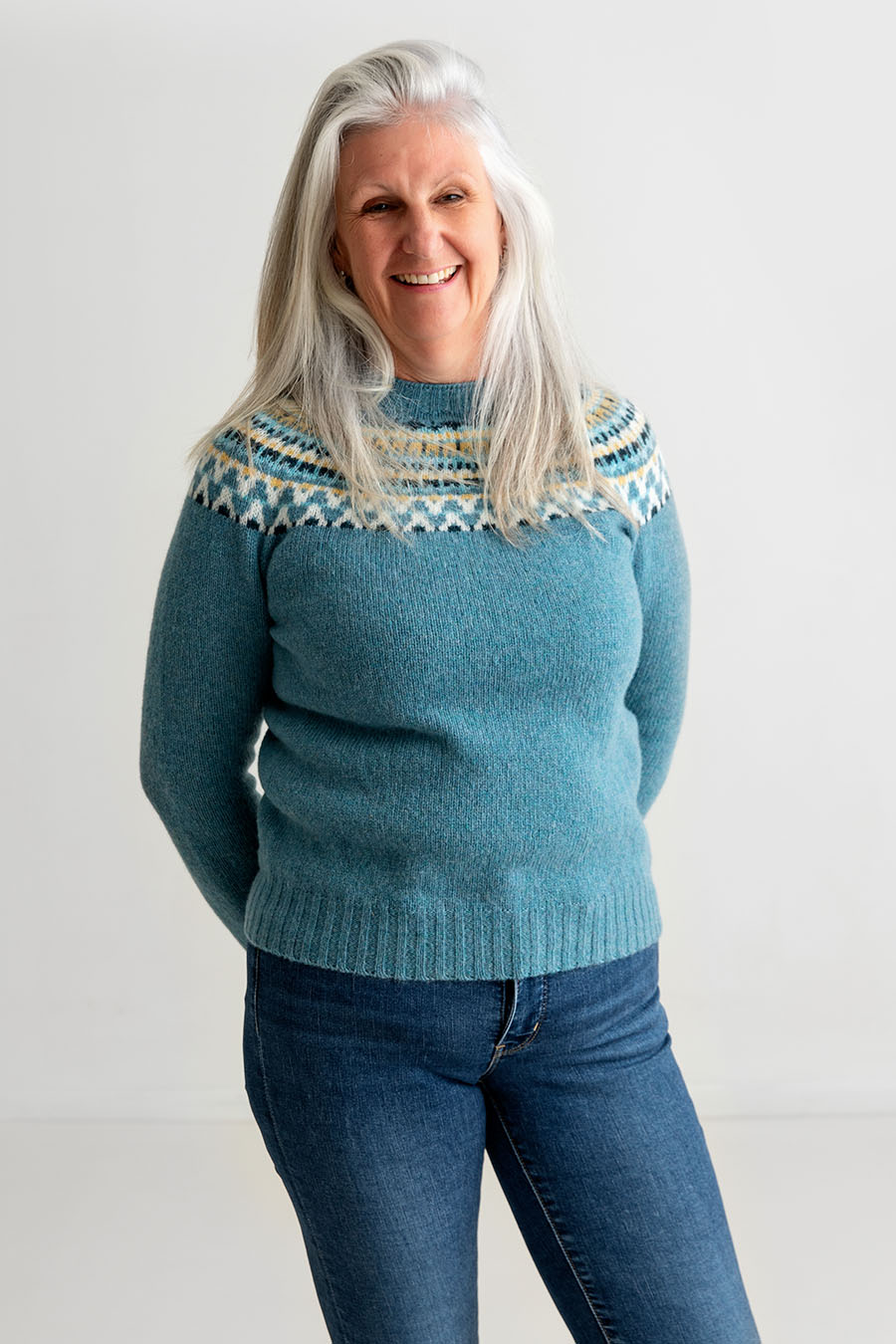 Womens fair isle yoke jumper in our Lido pattern. Made in Scotland in shetland character wool. Light Teal colourway other colours available The Croft House