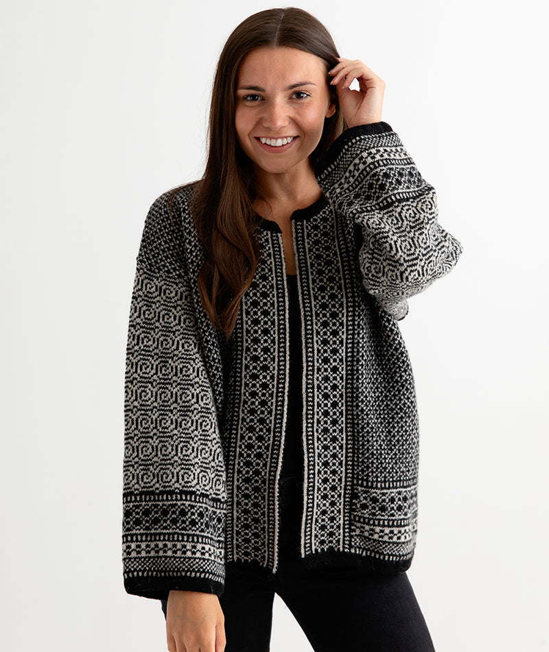 womens fair isle coatigan kimono cardigan black putty wool towie