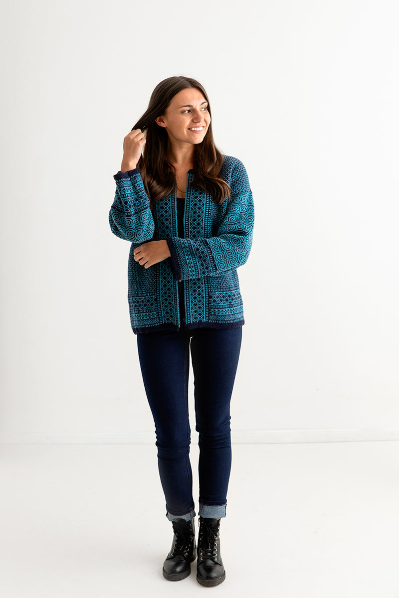 womens fairisle wool kimono cardigan coatigan navy blue teal towie