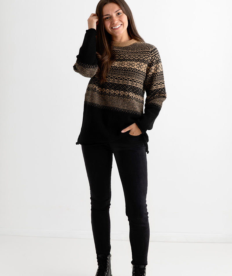 womens fair isle tunic jumper sweater black camel lace full