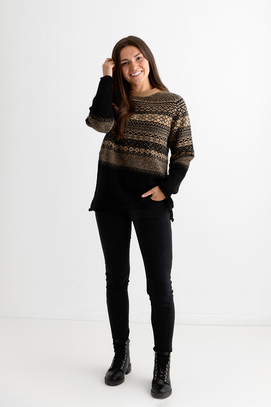 womens fair isle tunic jumper sweater black camel lace full