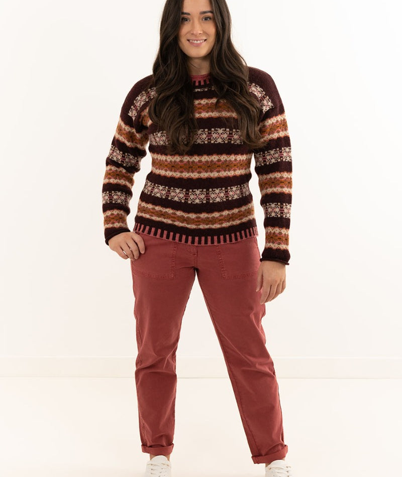 Womens fair isle sweater aubergine burgundy wool pitmedden