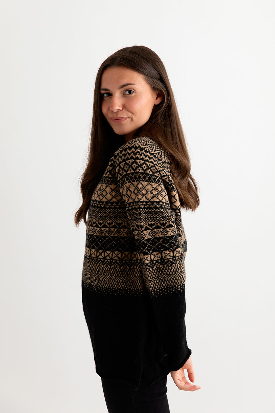 womens fairisle jumper sweater tunic black camel side