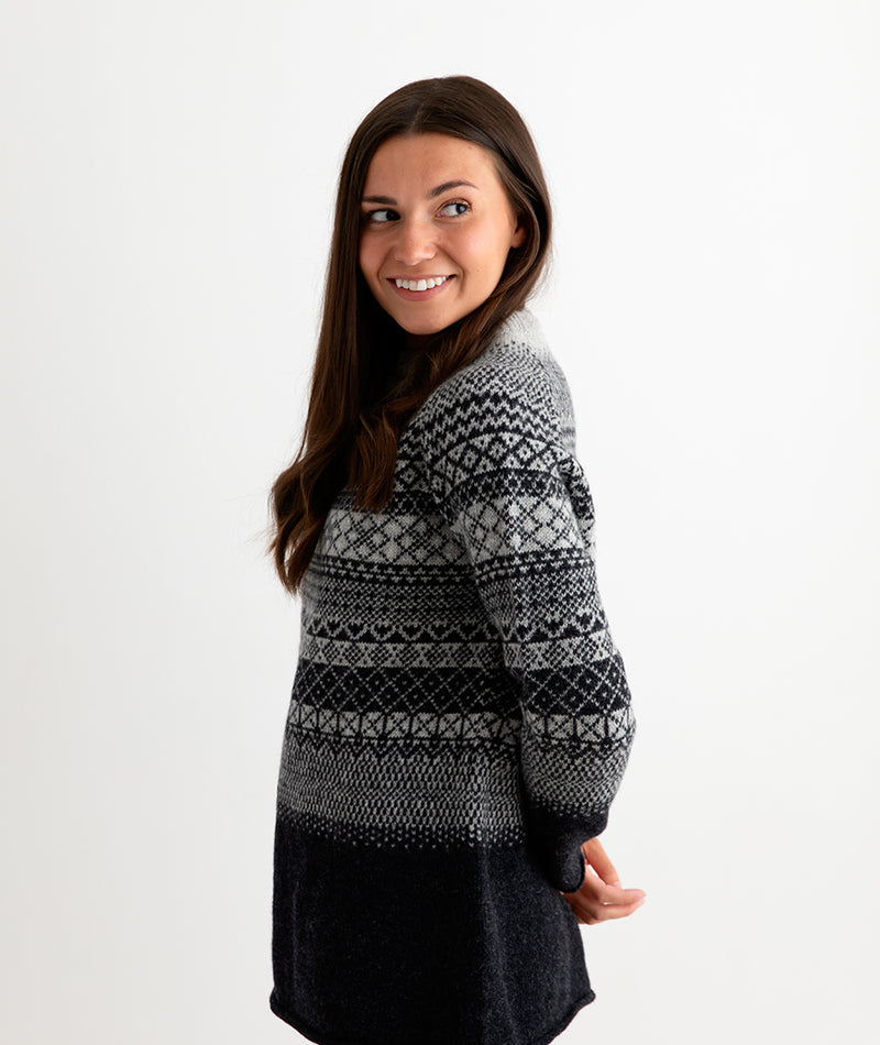 womens lace fairisle tunic sweater. charcoal grey. side