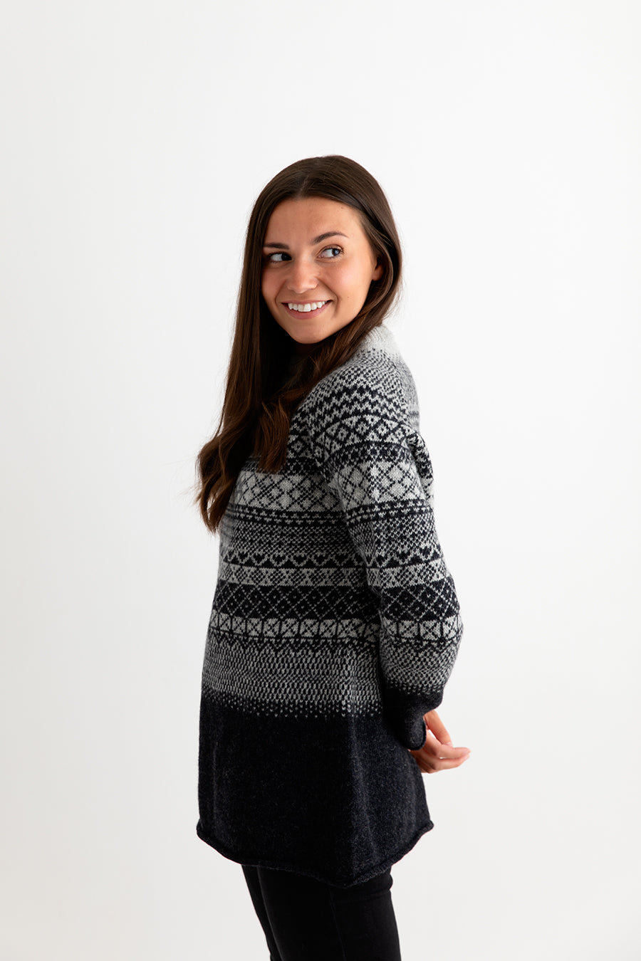 Womens Scottish Wool Lace Fair Isle Tunic Jumper in Charcoal Grey