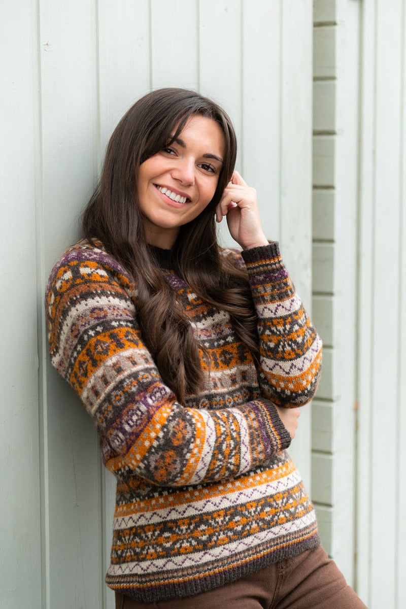 womens scottish fair isle sweater brown orange wool drumtochty