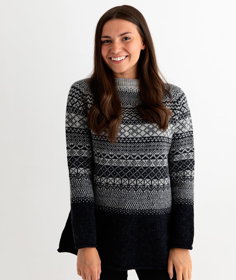 womens lace fair isle tunic jumper. charcoal grey. front