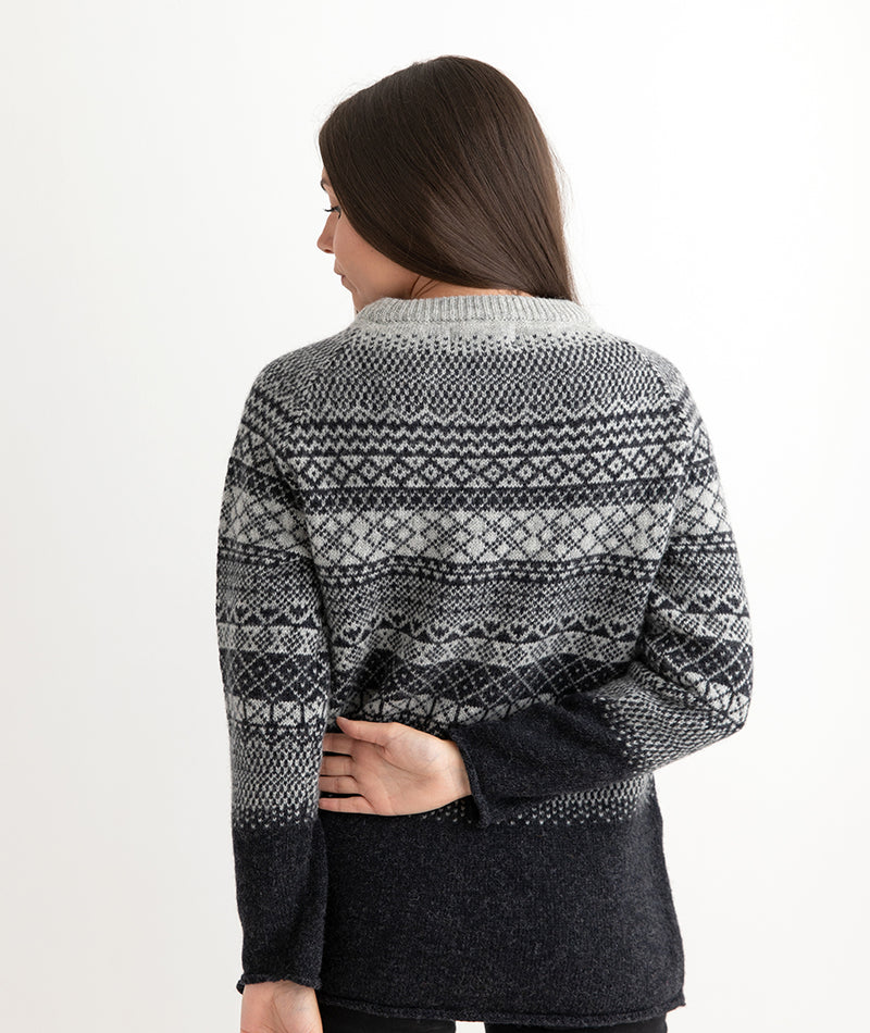 womens lace fairisle tunic jumper. charcoal grey. back