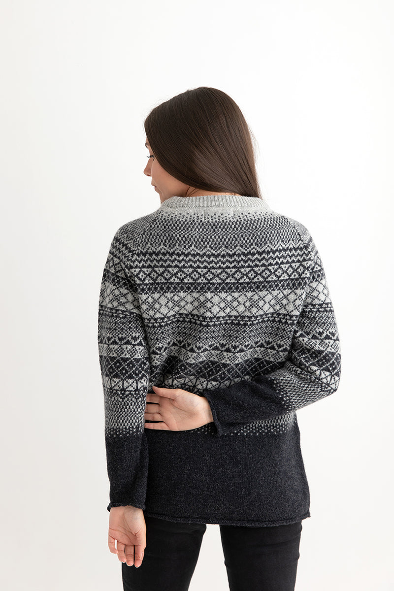 womens lace fairisle tunic jumper. charcoal grey. back