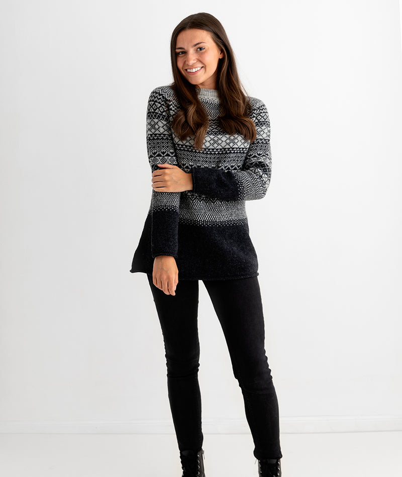 womens fair isle tunic jumper sweater charcoal grey lace full