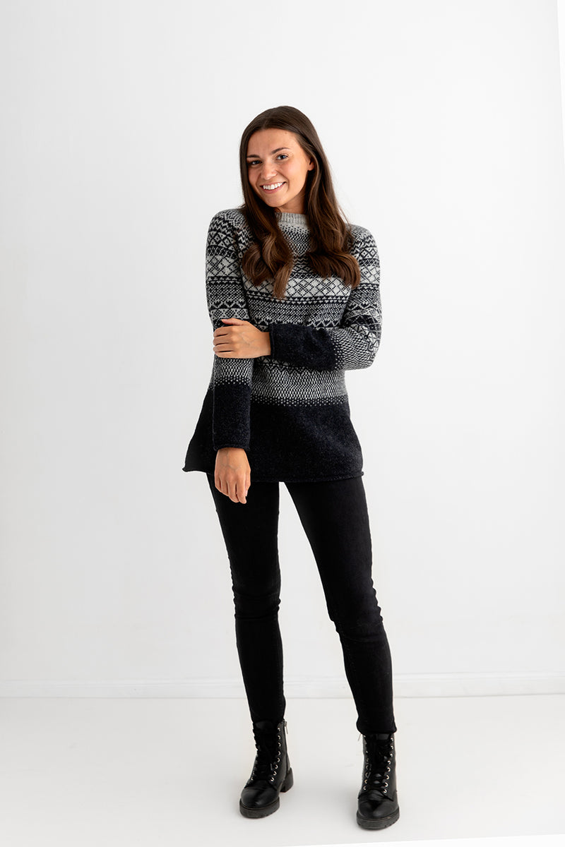 womens fair isle tunic jumper sweater charcoal grey lace full
