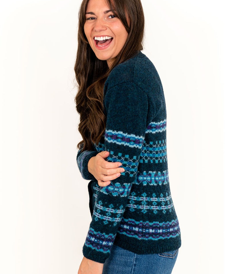 womens fair isle v neck cardigan teal blue wool craigievar