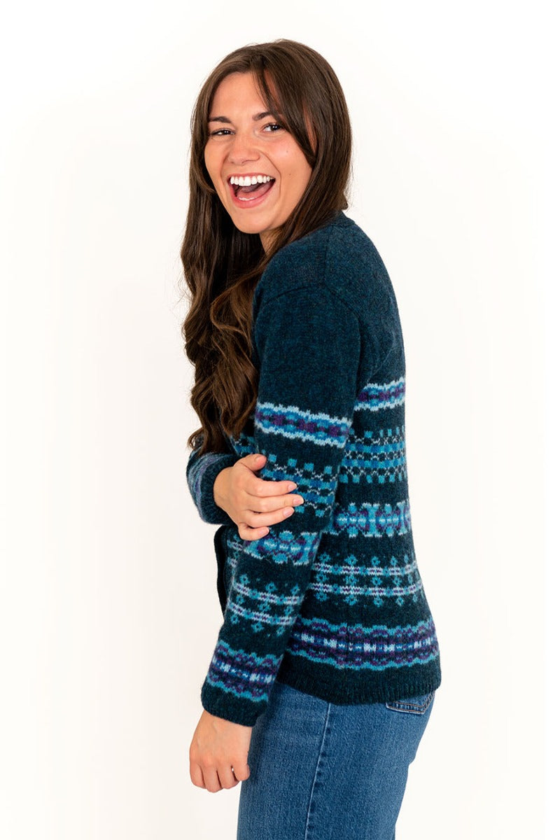 womens fair isle v neck cardigan teal blue wool craigievar