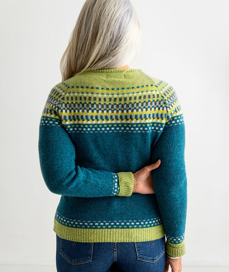 ladies fair isle cardigan wool sweater teal green blocks