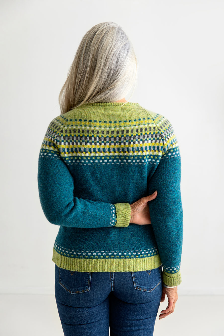 ladies fair isle cardigan wool sweater teal green blocks