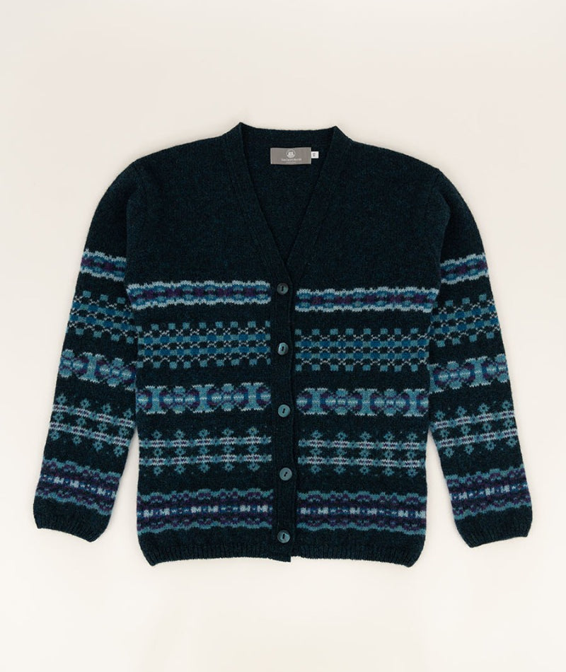 womens fair isle wool cardigan v neck teal blue