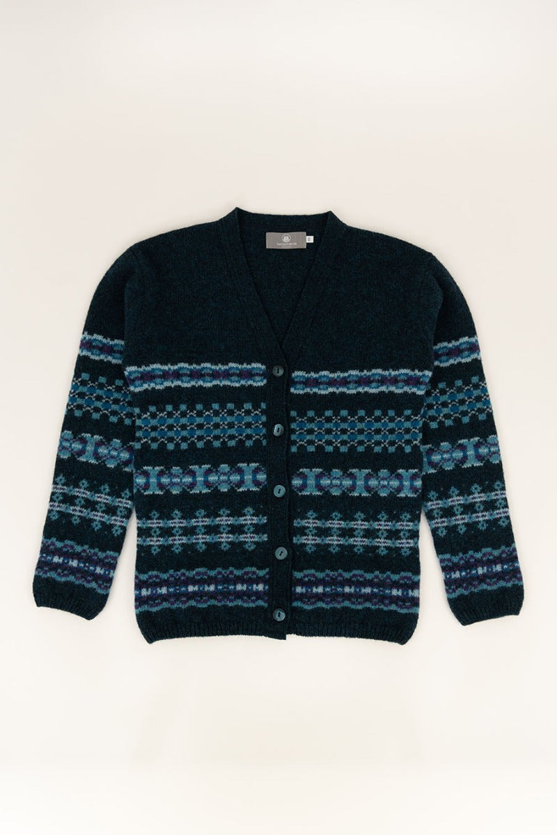 womens fair isle wool cardigan v neck teal blue