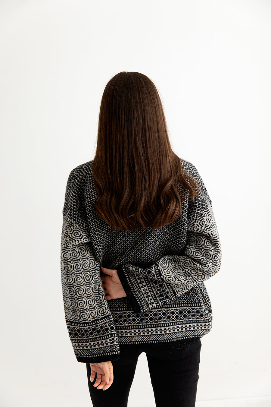 womens fair isle coatigan kimono black putty back 