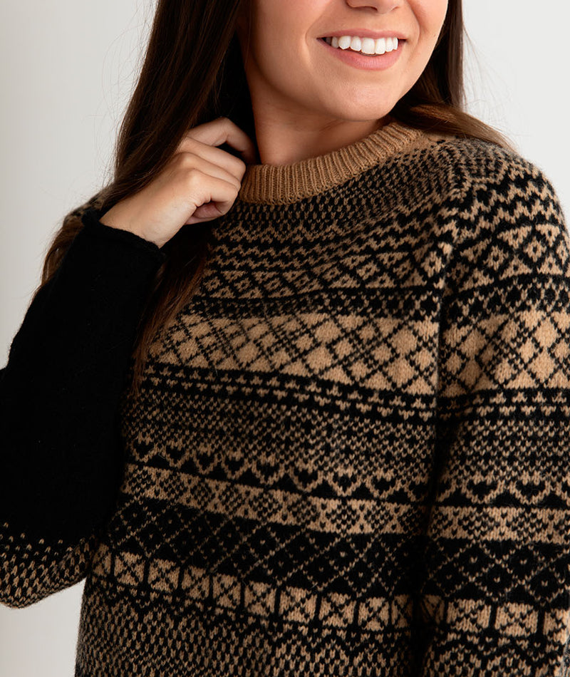 womens fair isle jumper sweater black camel close up