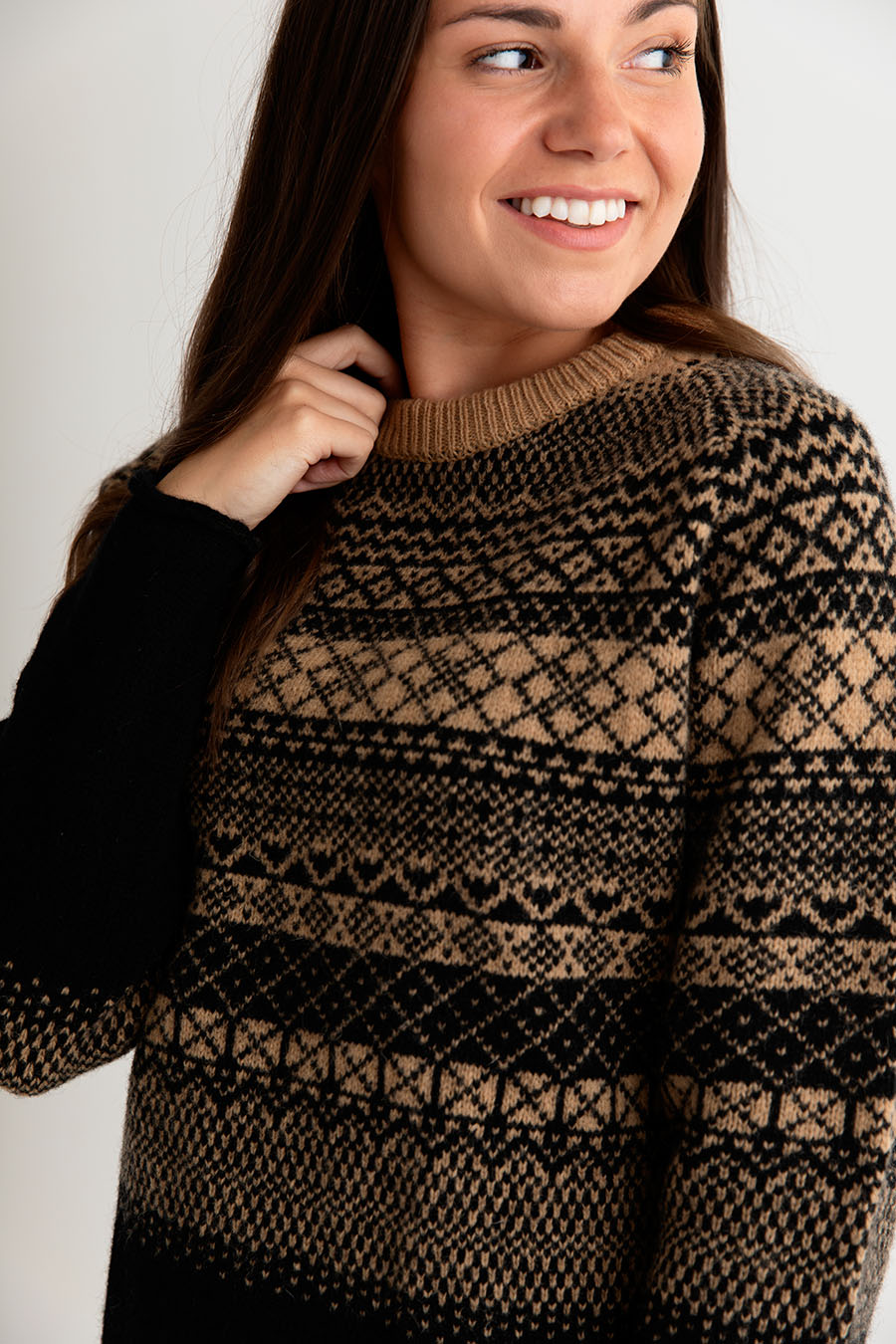 womens fair isle jumper sweater black camel close up