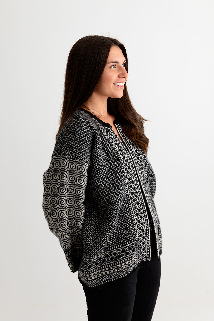 ladies fair isle coatigan kimono cardigan black putty wool towie
