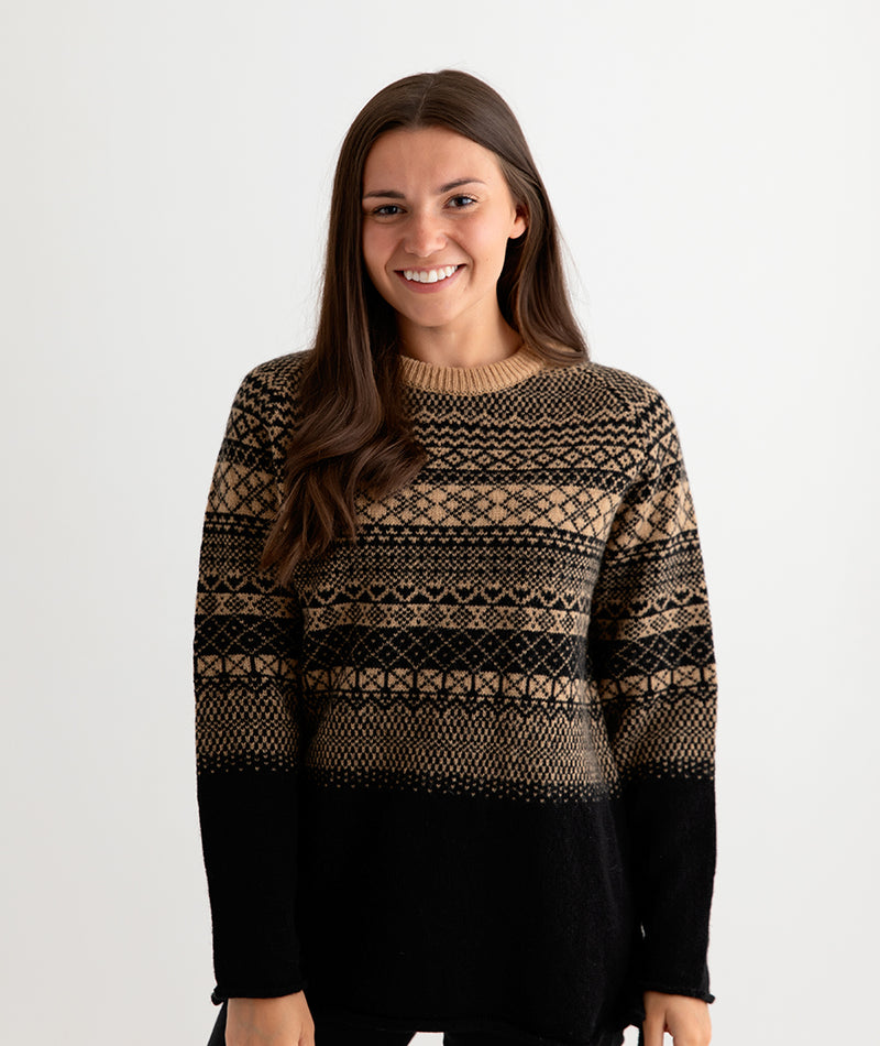 womens fair isle sweater jumper tunic black camel lace ladies front