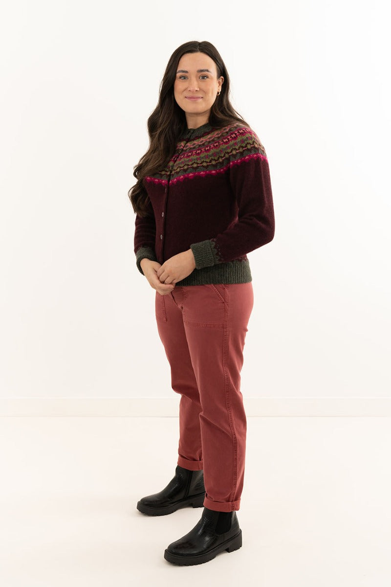 womens fairisle wool cardigan sweater burgundy crathie