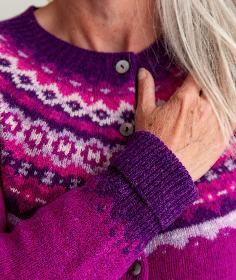 ladies fair isle cardigan sweater pink wool fuchsia