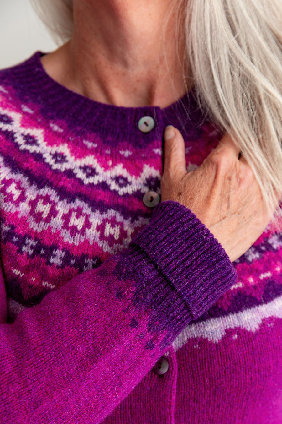 ladies fair isle cardigan sweater pink wool fuchsia
