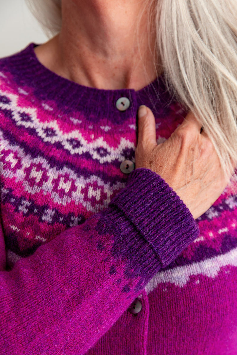 ladies fair isle cardigan sweater pink wool fuchsia