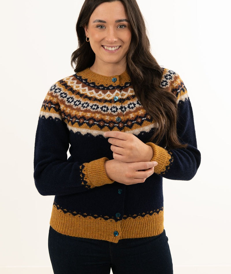 Womens fair isle wool cardigan navy blue mustard yoke crathie