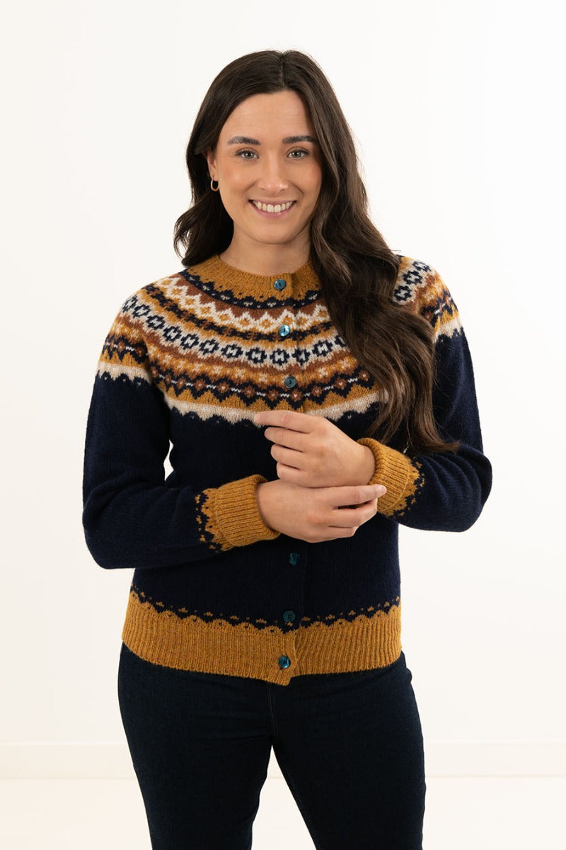 Womens fair isle wool cardigan navy blue mustard yoke crathie