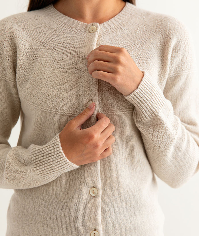 womens lambs wool gansey guernsey cardigan fine geelong almond beige close up