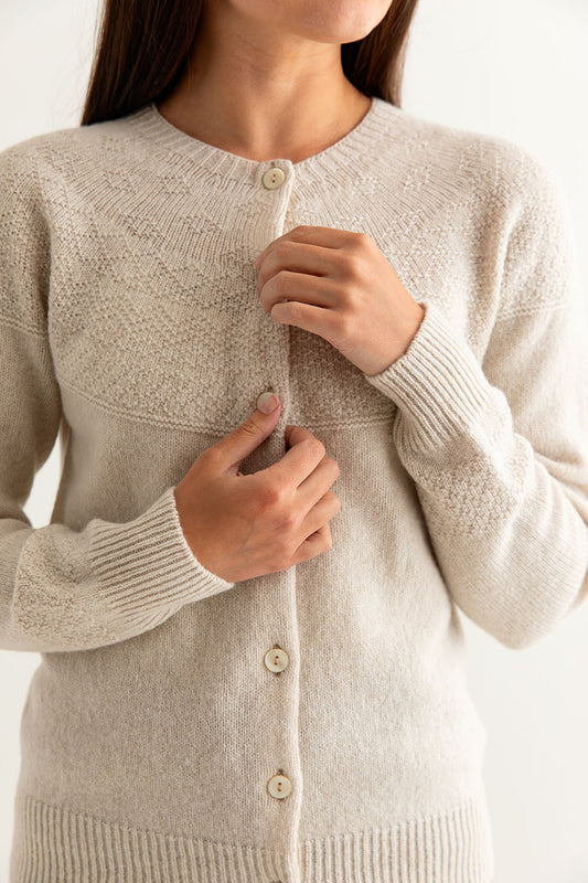 womens lambs wool gansey guernsey cardigan fine geelong almond beige close up