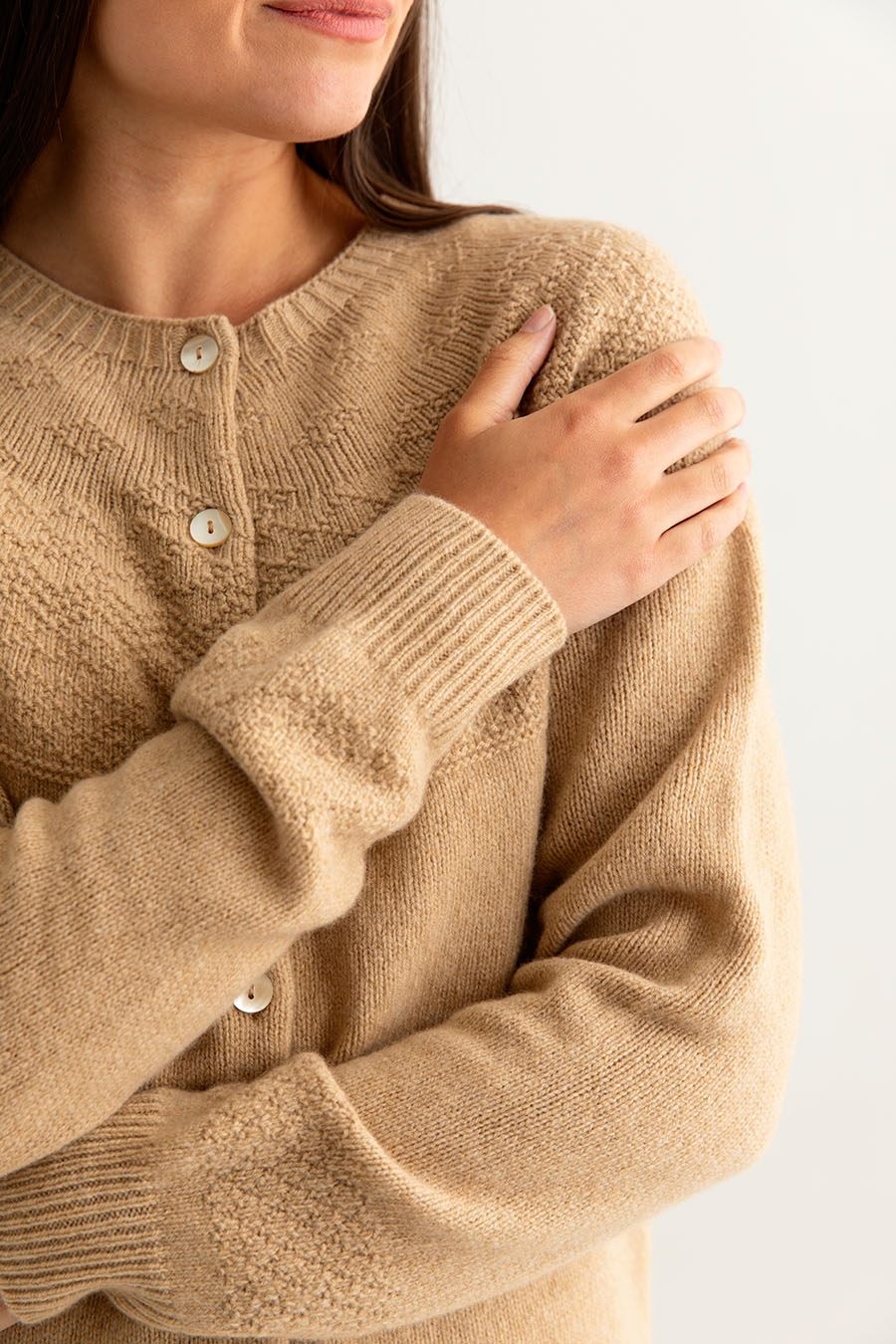 Womens Gansey Cardigan in Camel Geelong Superfine Lambs wool
