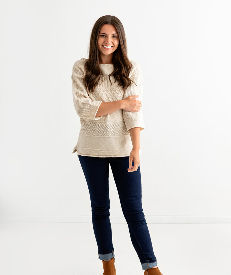 womens gansey guernsey jumper sweater almond linen beige cream lambs wool full
