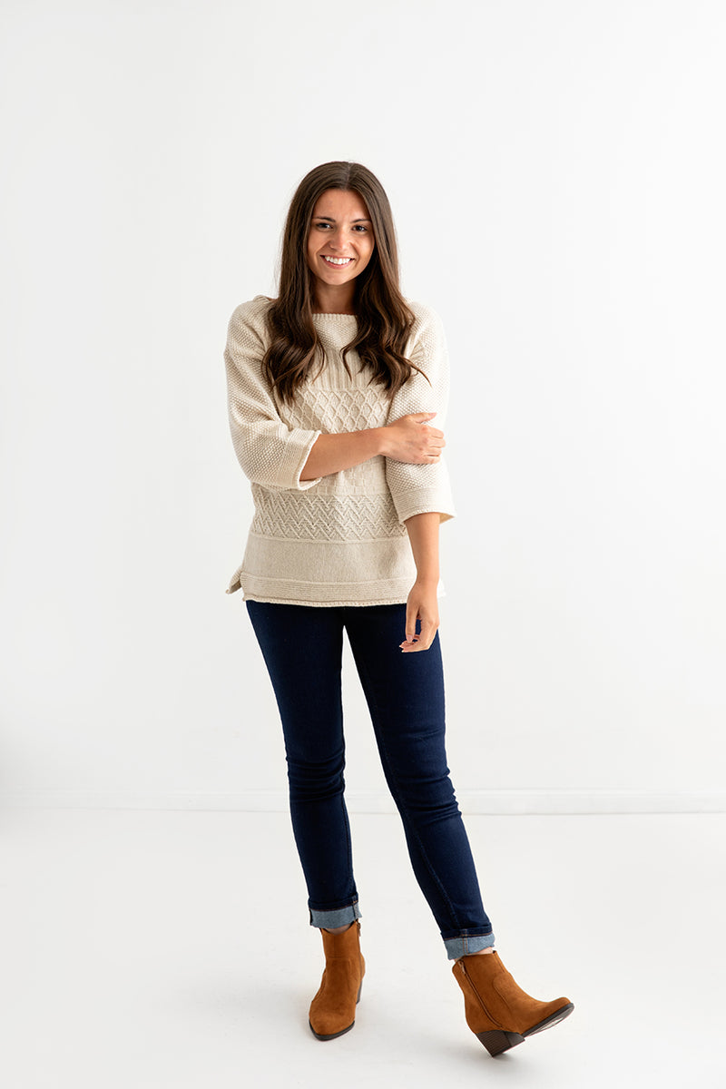 womens gansey guernsey jumper sweater almond linen beige cream lambs wool full