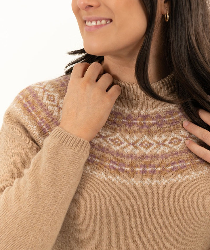 Womens soft lambswool fair isle jumper Cairngorm yoke Camel