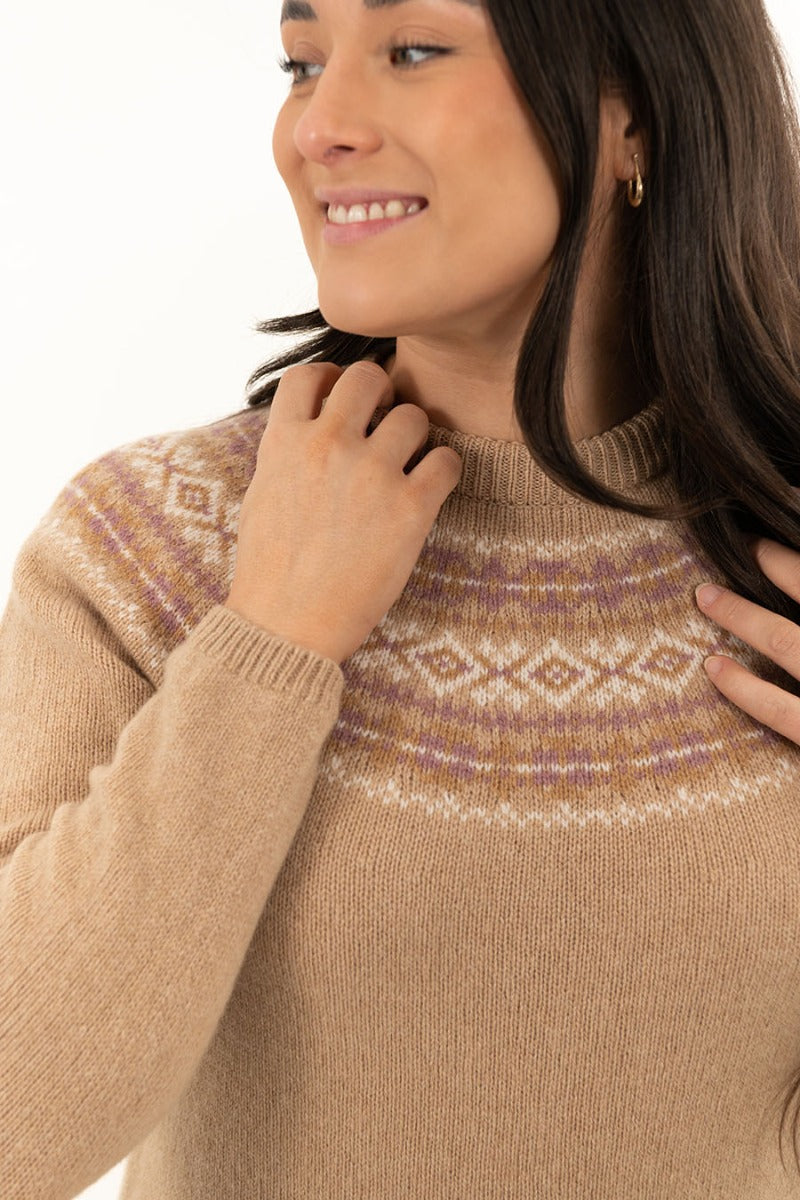 womens geelong lambswool fair isle jumper almond camel