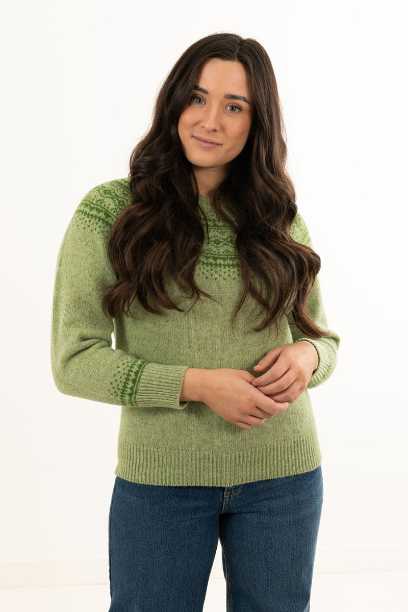 Womens green fair isle jumper Aviemore spring meadow