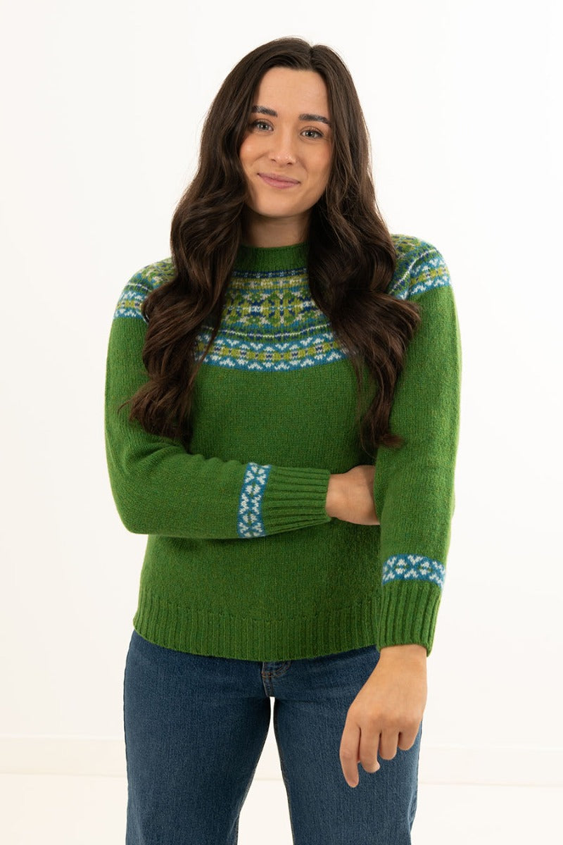womens green fair isle jumper festival yoke shetland wool