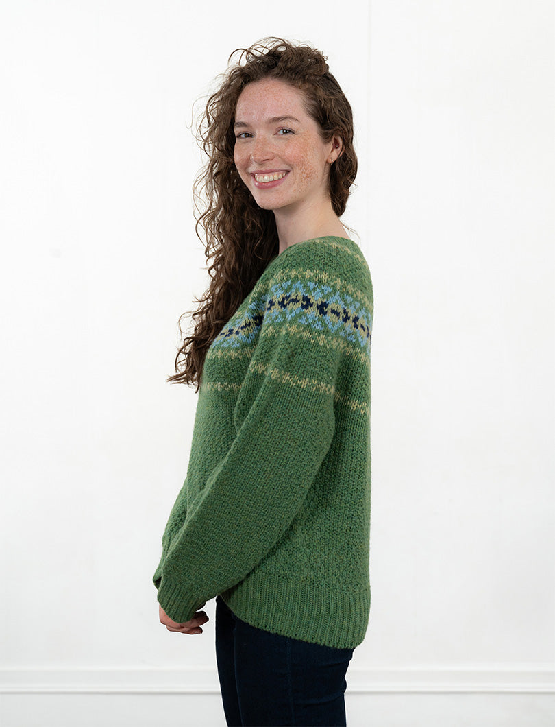 Womens Textured Chunky Knit Wool Yoke Fair Isle Jumper in Green