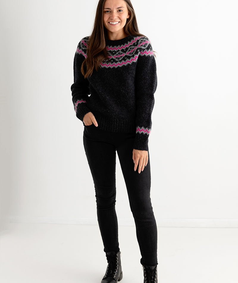 womens grey chunky yoke fair isle jumper sweater charcoal pink wool full