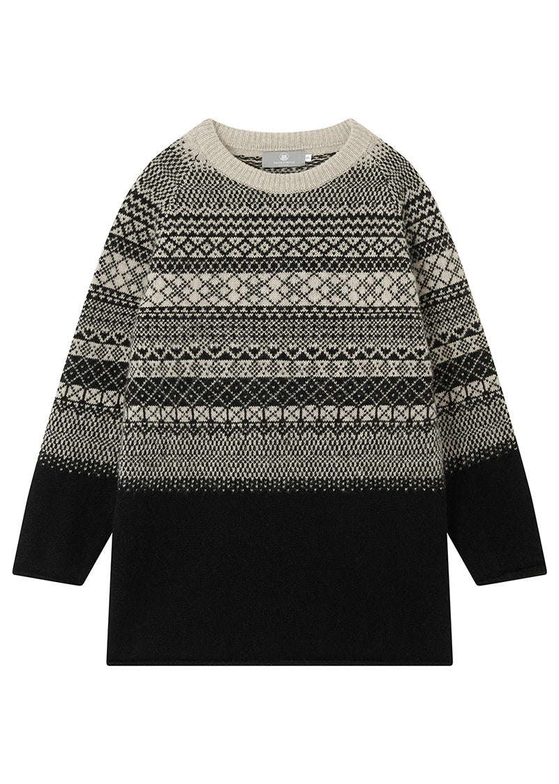 Black and putty beige fair isle tunic sweater on a white background